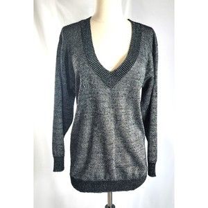 College Point shiny thread and black v neck sweater vintage L made in USA